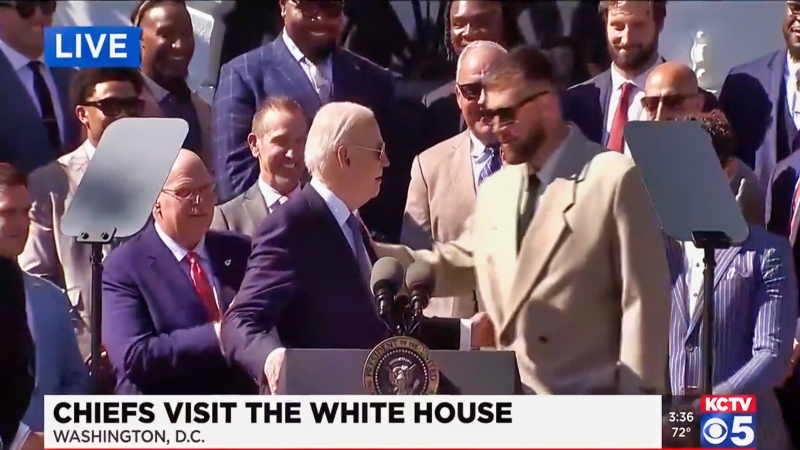 Joe Biden and Travis Kelce speaking at White House.