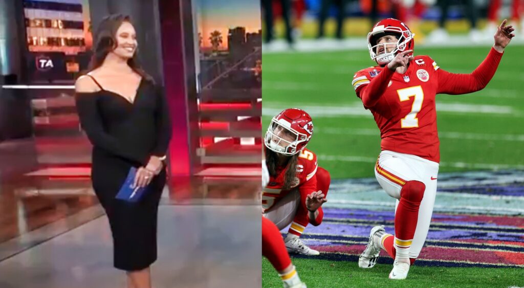 Kimmi Chex looking on at NFL Network (left). Harrison Butker reacts to kick (right).