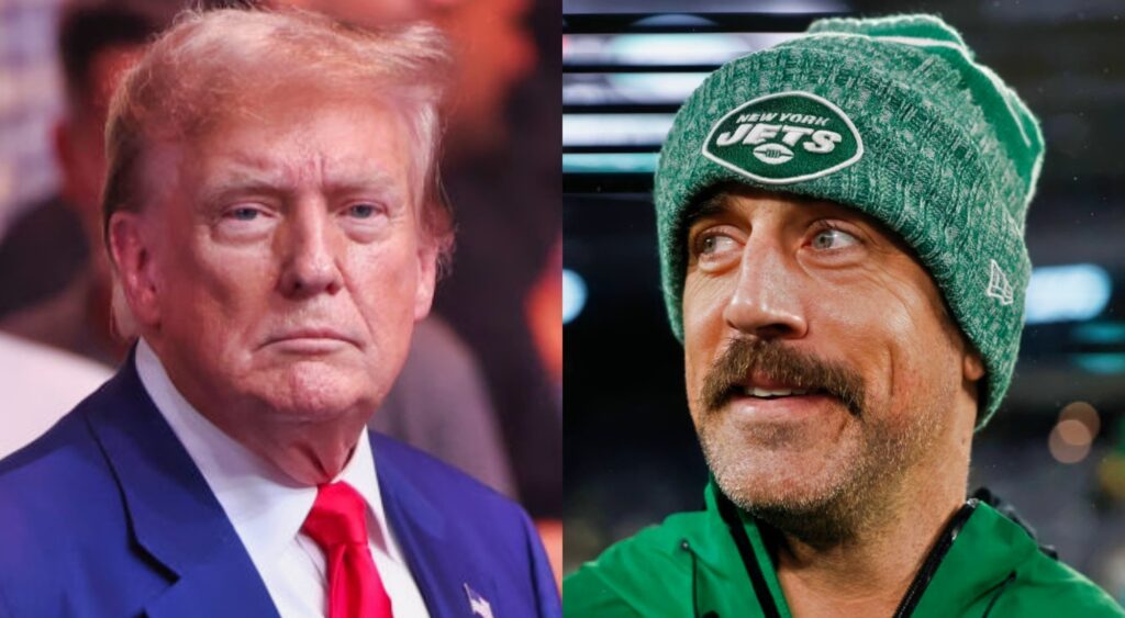 Aaron Rodgers in Jets gear. Donald Trump in suit.