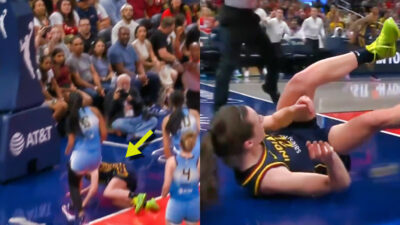 Photo of Angel Reese fouling Caitlin Clark and photo of Caitlin Clark on the floor after foul