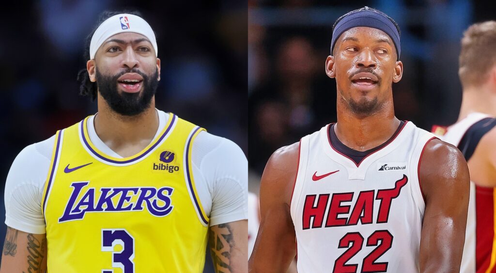 Los Angeles Lakers' Anthony Davis and Miami Heat's Jimmy Butler look on during their respective games.