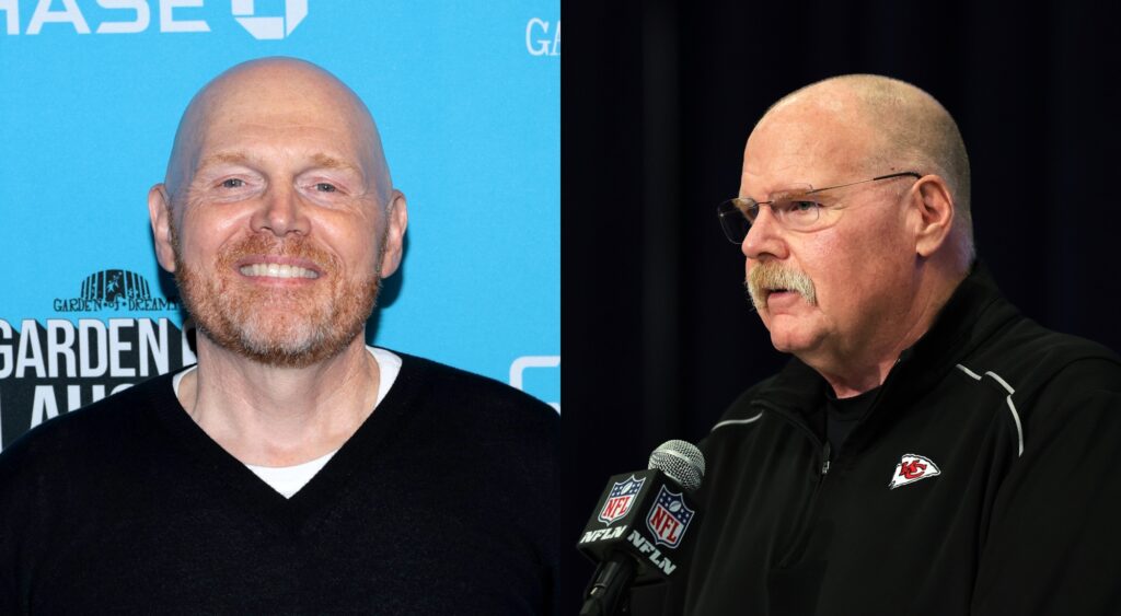 Bill Burr at a premiere and Andy Reid during a press conference
