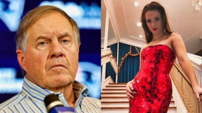 Bill Belichick at press conference and Jordan Hudson posing in red dress