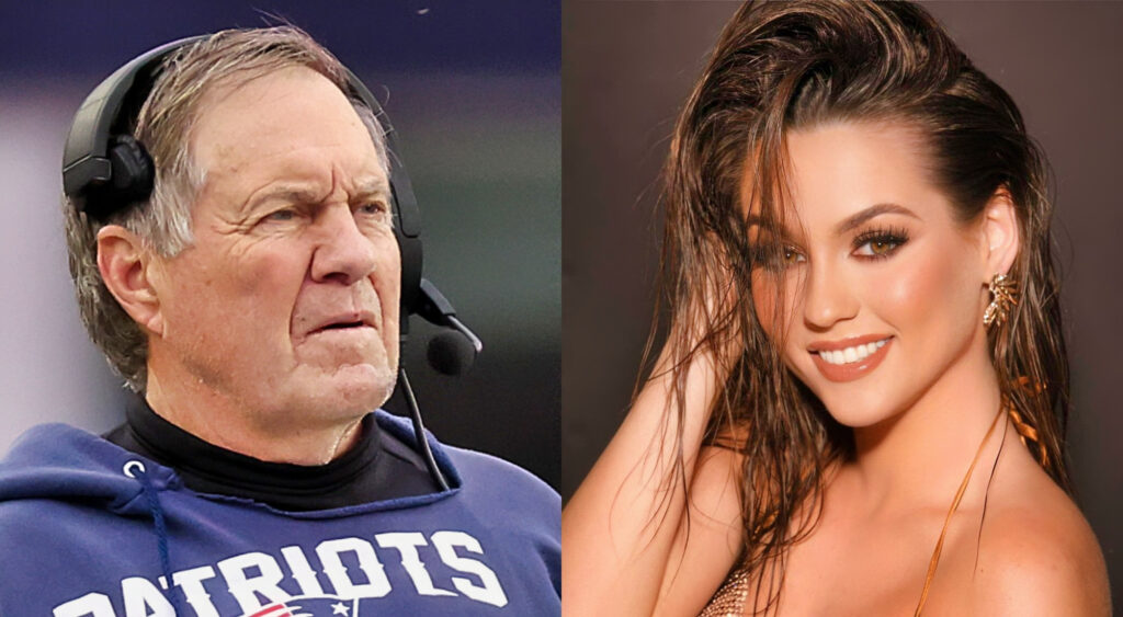 Photo of Bill Belichick in Patriots gear and photo of Jordon Hudson smiling