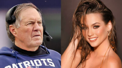 Photo of Bill Belichick in Patriots gear and photo of Jordon Hudson smiling