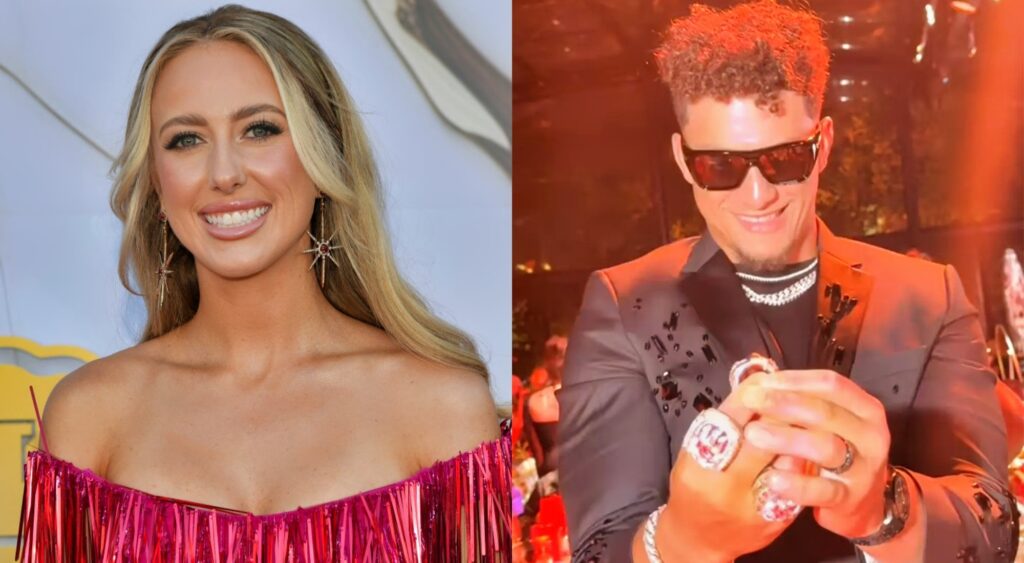 Brittany Mahomes posing in red dress and Patrick Mahomes looking at rings.