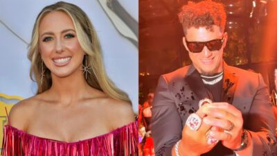 Brittany Mahomes posing in red dress and Patrick Mahomes looking at rings.