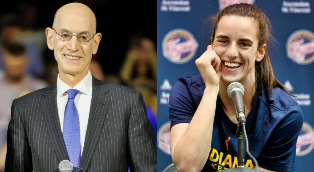 Caitlin Clark speaking to reporters and Adam Silver smiling