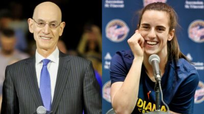 Caitlin Clark speaking to reporters and Adam Silver smiling