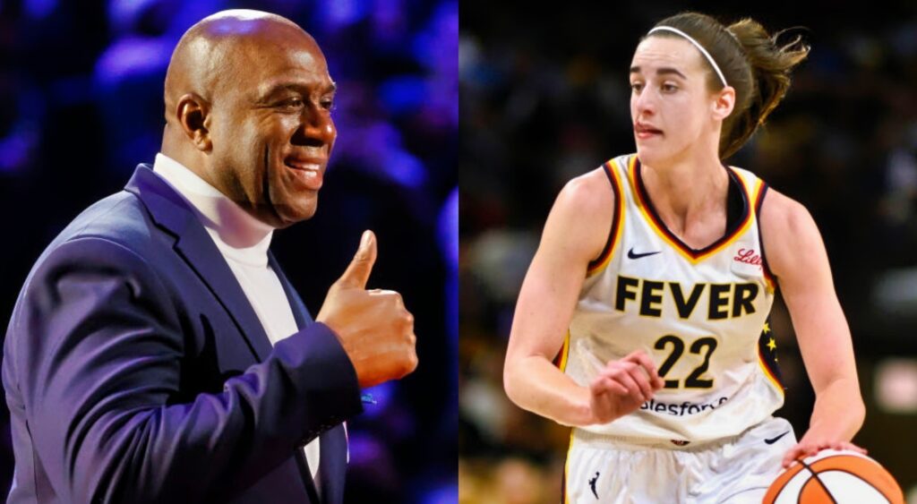 Caitlin Clark in unform. Magic Johnson in suit giving a thumbs up.