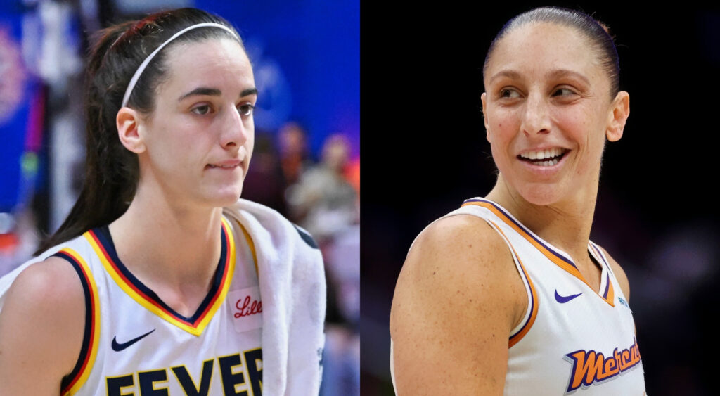 Caitlin Clark with towel on her shoulder (left) Diana Taurasi smiling (right)