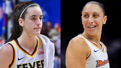 Caitlin Clark with towel on her shoulder (left) Diana Taurasi smiling (right)