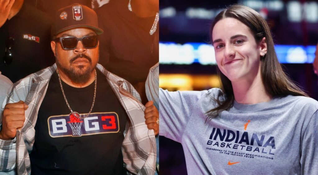 Caitlin Clark in gray shirt and Ice Cube showing his Big3 shirt