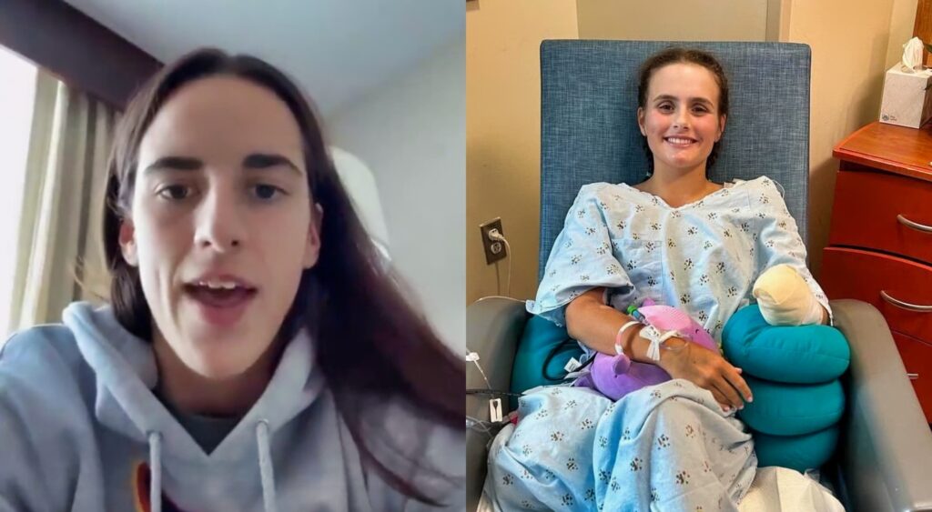 Caitlin Clark in hoodie and Lulu Gribbin on hospital chair