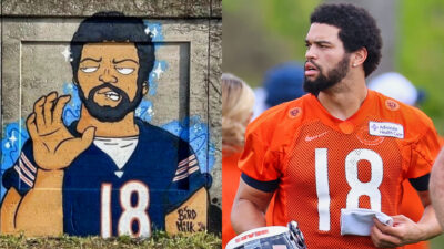 Caleb Williams Mural (Left), Caleb Williams in Bears training uniform (Right)