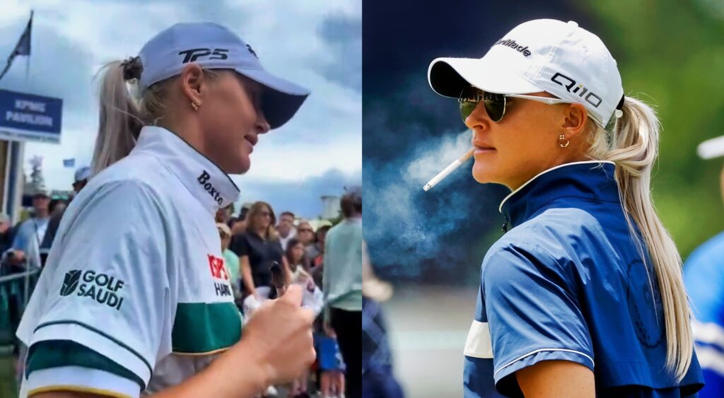Charley Hull signing autographs and smoking a cigarette.
