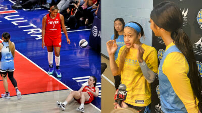 Chennedy Carter after foul on Caitlin Clark (left), Chennedy Carter speaking to reporters (right)