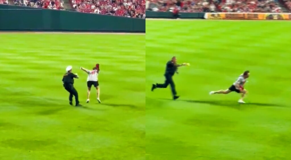 Cincinnati Reds fan running from cop on field