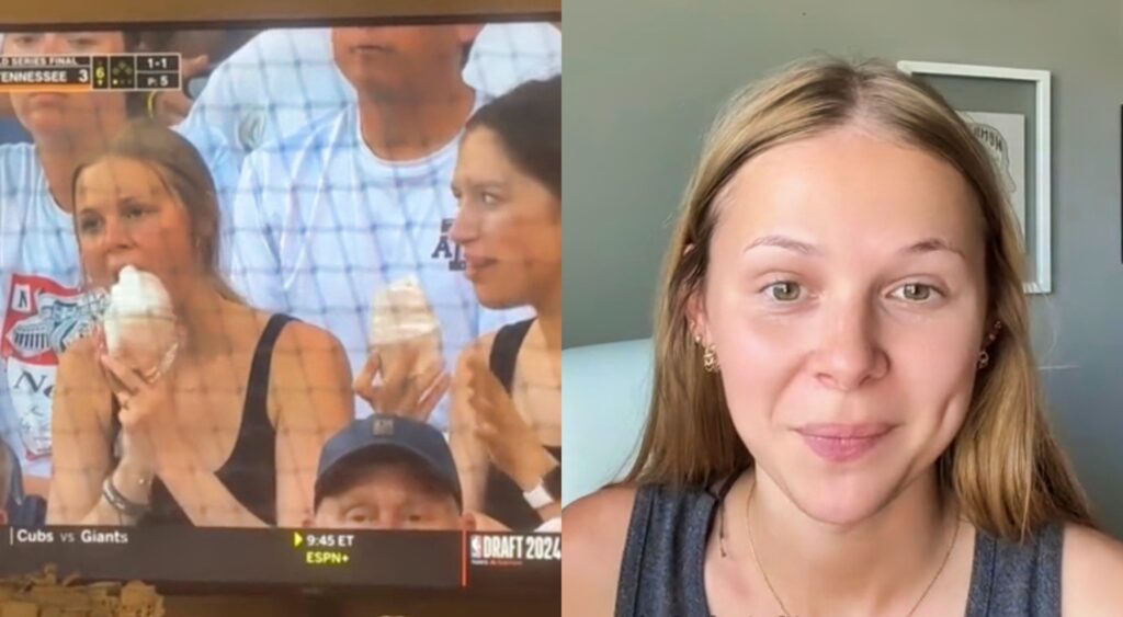 Female eats ice cream at the College World Series on ESPN.