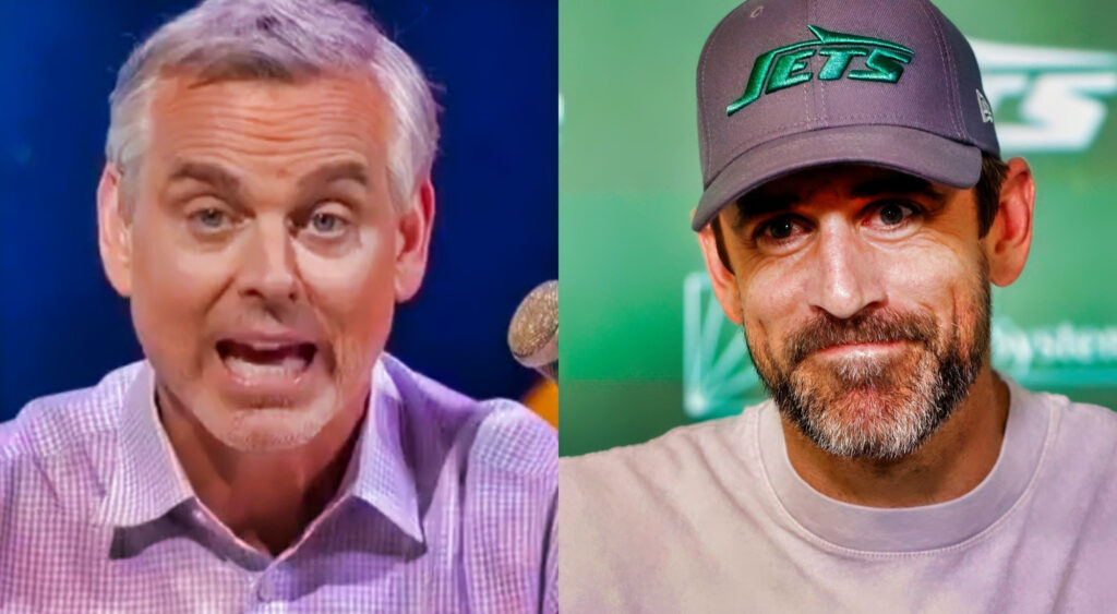 Colin Cowherd speaking (left), Aaron Rogers smiling (right)