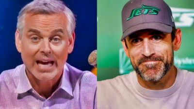 Colin Cowherd speaking (left), Aaron Rogers smiling (right)