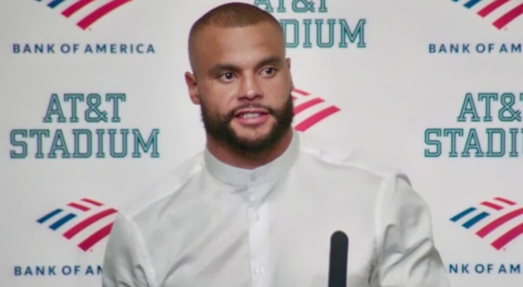 Dak Prescott speaks during a press conference.