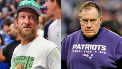 Dave Portnoy smiling (left) and Bill Belichick scowling (right)