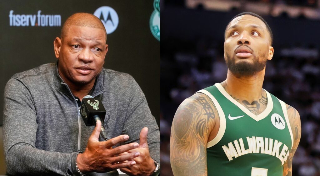 Doc Rivers at a press conference and Damian Lillard looks on during a game.