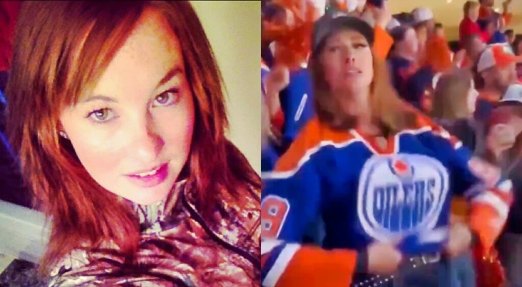Edmonton Oilers flasher Kait smiles for the camera and flashes the crowd.