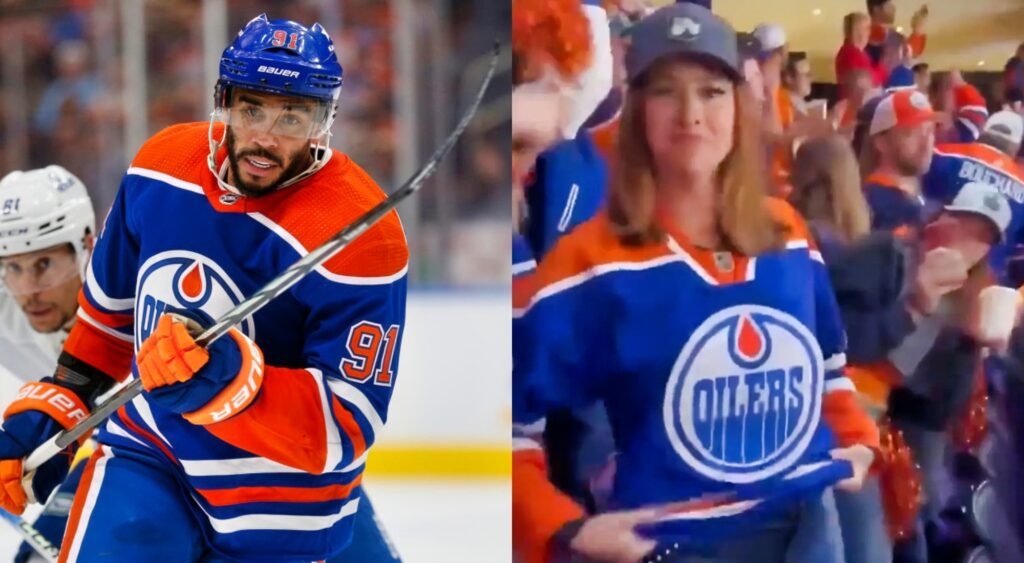 Evander Kane in uniform and female Edmonton Oilers fan in stands