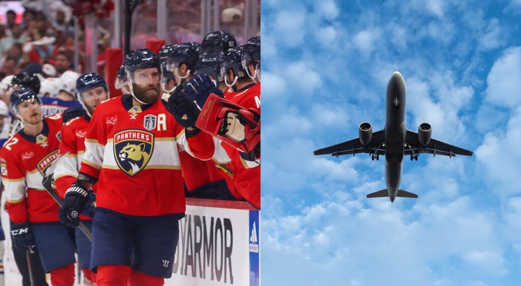 Florida Panthers celebrate a goal and plane flies in the air.