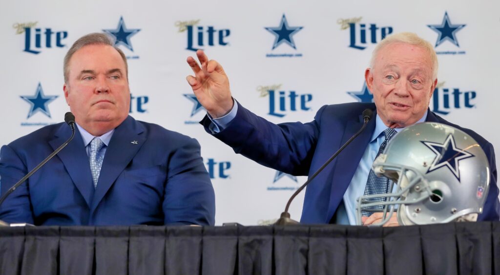 Dallas Cowboys head coach Mike McCarthy (left) and owner Jerry Jones (right) speaking.