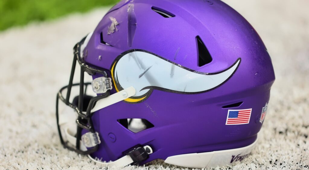 Minnesota Vikings helmet on the field. The team plans to move N'keal Harry to tight end this season.