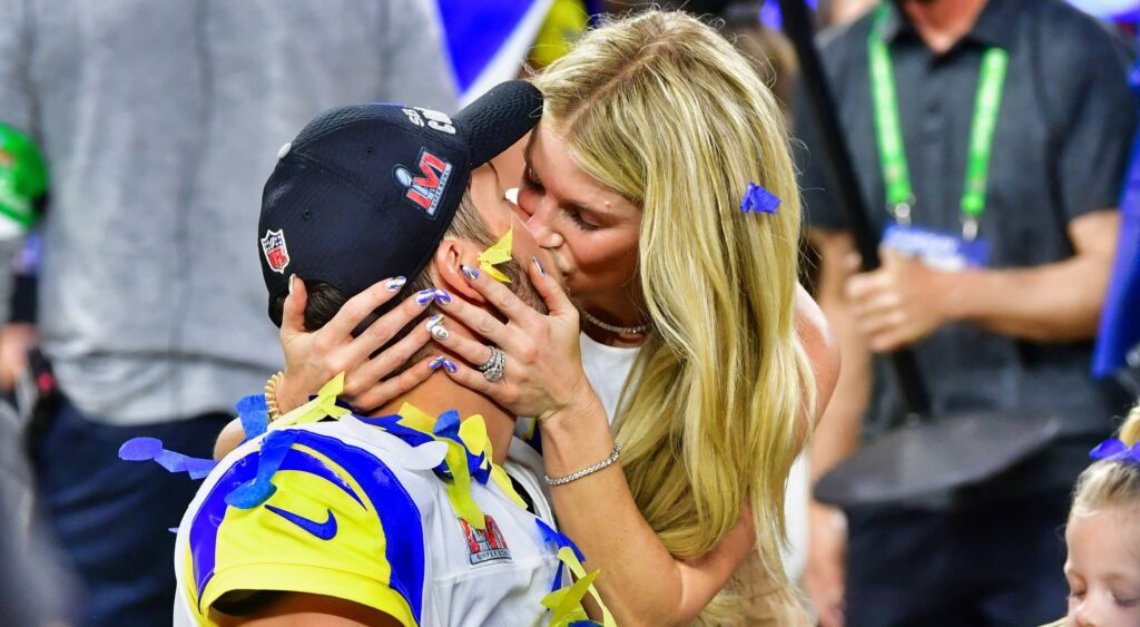 Matthew and Kelly Stafford kiss after the Super Bowl