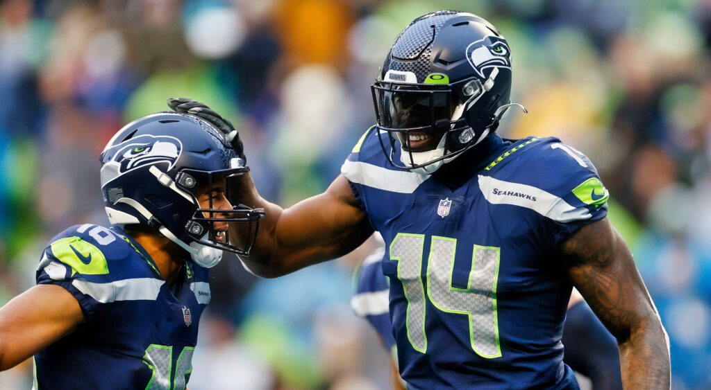 Tyler Lockett and DK Metcalf of Seattle Seahawks celebrating a play.