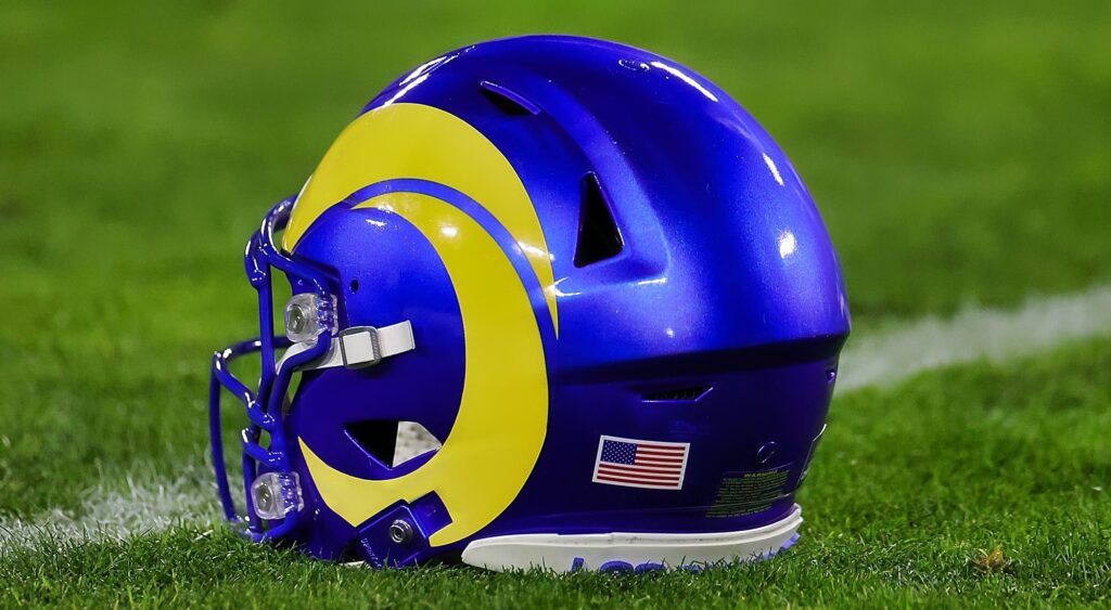 Los Angeles Rams helmet shown on field.