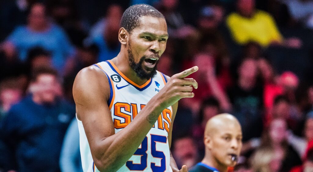 Kevin Durant points during a game.