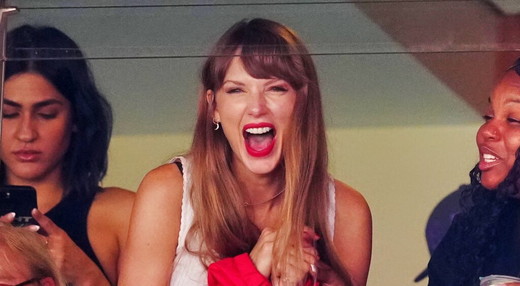 Taylor Swift reacting during Kansas City Chiefs game.