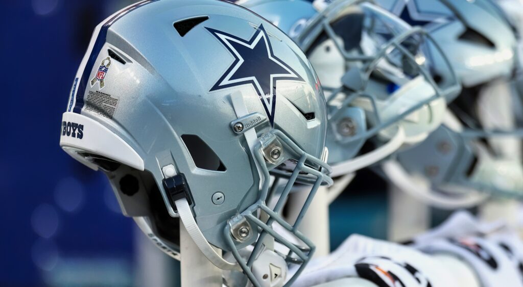 Dallas Cowboys helmet on the bench. Randy Gregory began his career with the Cowboys after they drafted him in the second round.