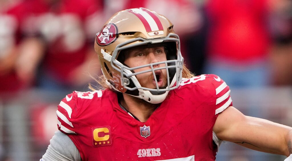 George Kittle of San Francisco 49ers reacting during game.