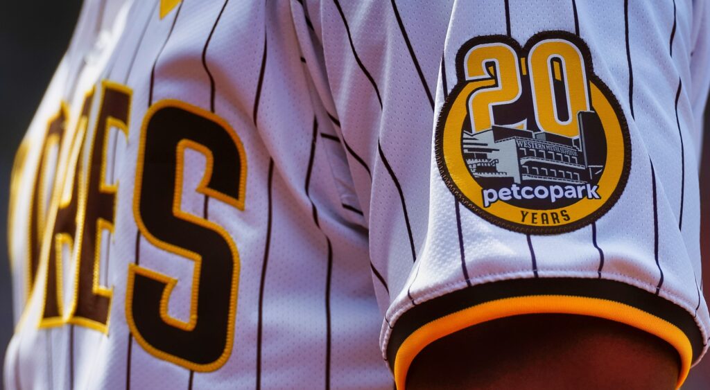 San Diego Padres logo and jersey patch shown.