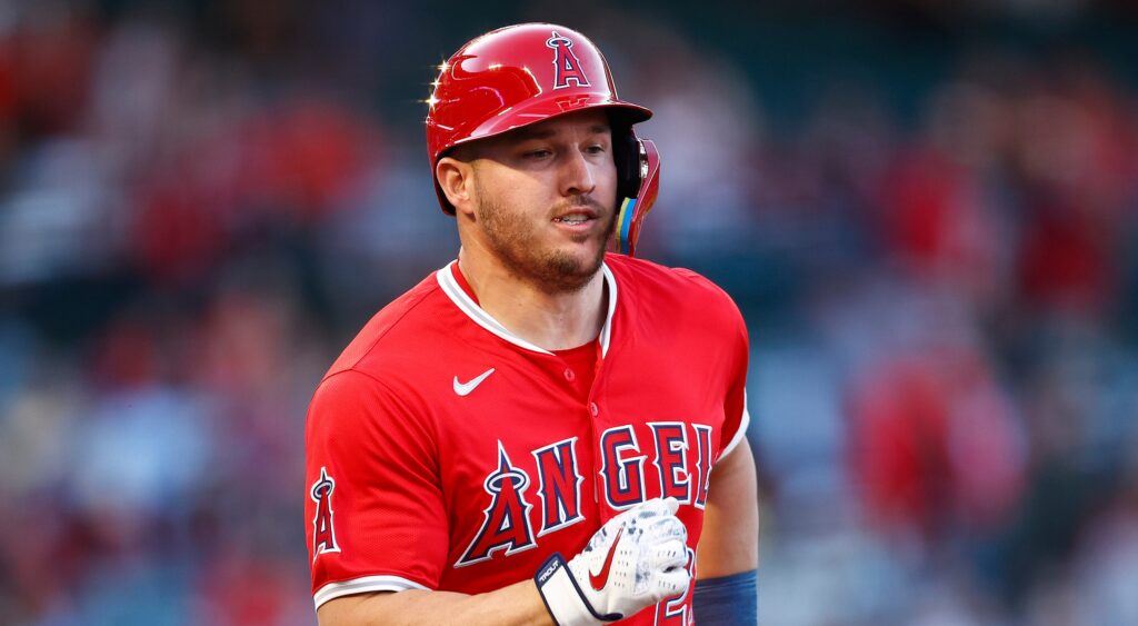 Mike Trout of Los Angeles Angels reacts during game.