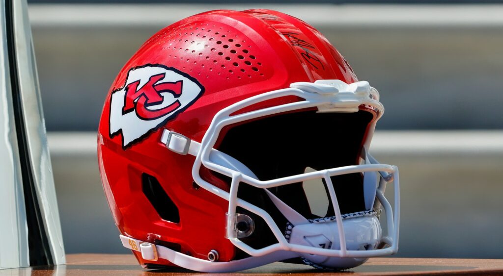Kansas City Chiefs helmet on a table at the White House. Chiefs player Isaiah Buggs was recently arrested.