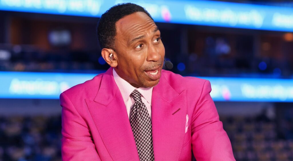 Stephen A Smith in pink suit on NBA coverage