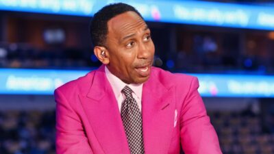 Stephen A Smith in pink suit on NBA coverage