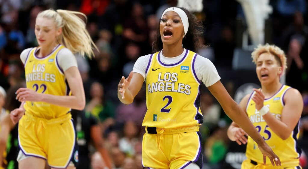 Los Angeles Sparks react during game.