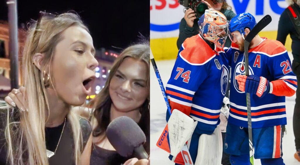 Hawk Tuah Girl during interview and Edmonton Oilers players on ice