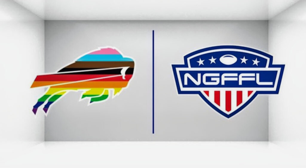 Buffalo bills logo with pride colors and the NGFFL logo.