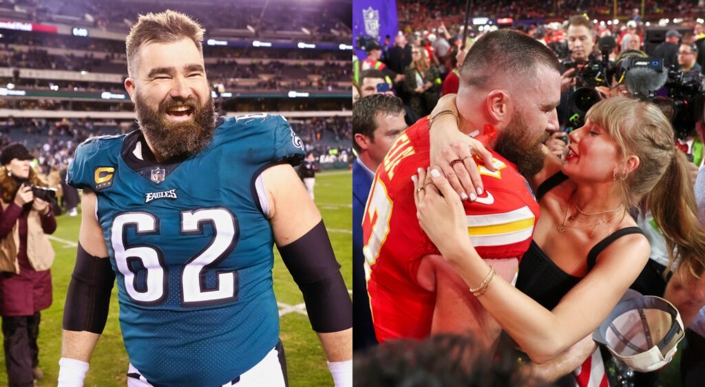 Jason Kelce laughs and Travis Kelce kisses Taylor Swift.