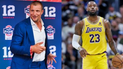 LeBron James in Lakers uniform and Rob Gronkowski in a suit